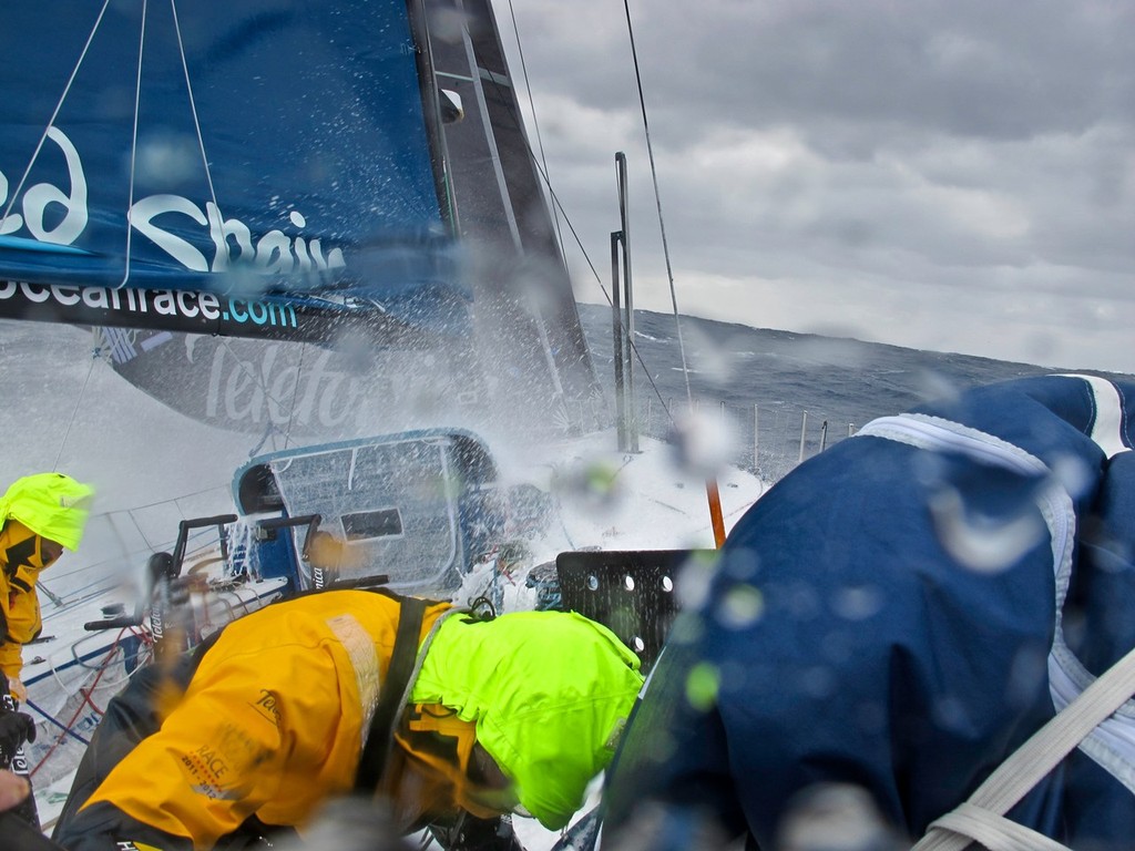 Team Telefonica heading into colder and rougher conditions, during leg 5 of the Volvo Ocean Race 2011-12, from Auckland, New Zealand to Itajai, Brazil.  © Diego Fructuoso /Team Telefónica/Volvo Ocean Race http://www.volvooceanrace.com