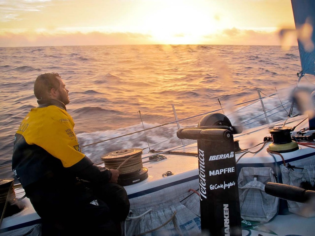 Pablo Arrarte at the trim looking at the sunrise onboard Team Telefonica during leg 5 of the Volvo Ocean Race 2011-12, from Auckland, New Zealand to Itajai, Brazil. © Diego Fructuoso /Team Telefónica/Volvo Ocean Race http://www.volvooceanrace.com