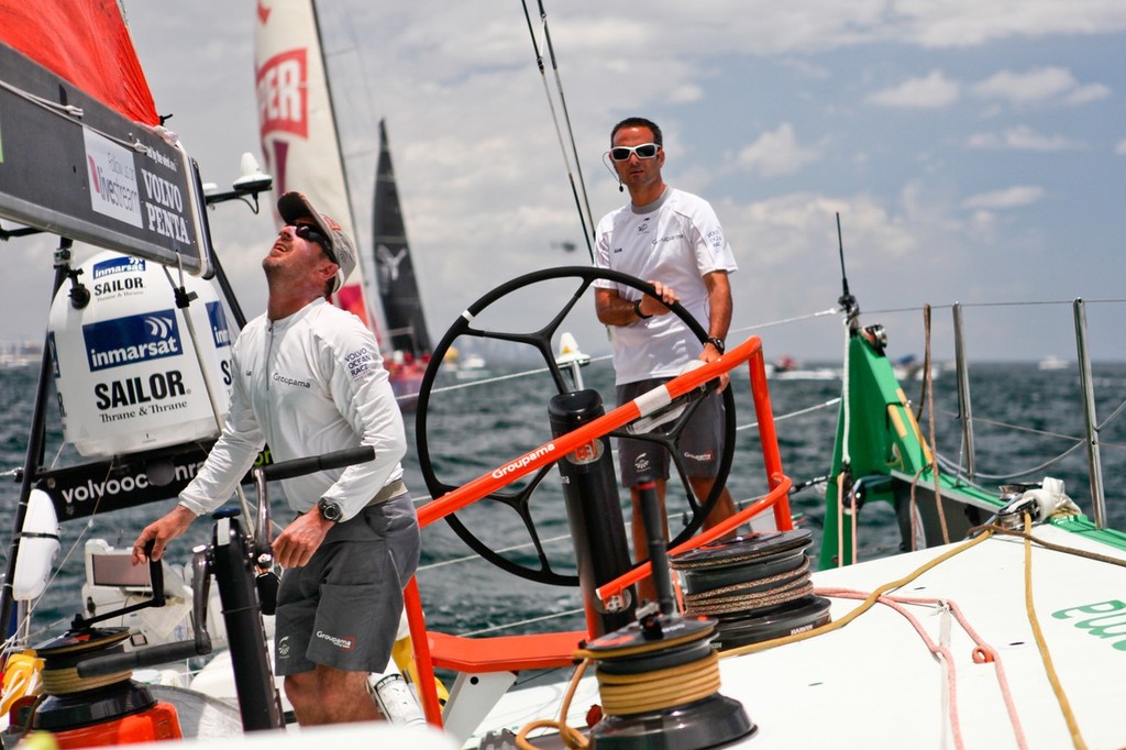 Skipper Franck Cammas helming Groupama Sailing Team at the start of leg 7 of the Volvo Ocean Race 2011-12, from Miami, USA to Lisbon, Portugal. (Credit: Yann Riou/Groupama Sailing Team/Volvo Ocean Race) © Yann Riou/Groupama Sailing Team /Volvo Ocean Race http://www.cammas-groupama.com/
