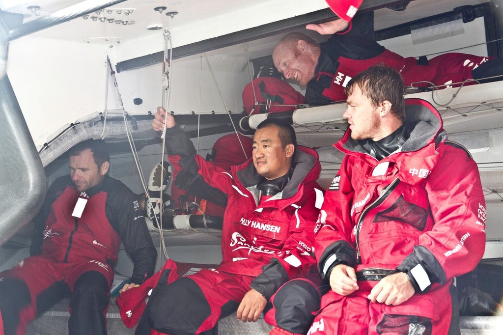 The crew below deck onboard Team Sanya during leg 7 of the Volvo Ocean Race 2011-12, from Miami, USA to Lisbon, Portugal.  © Andres Soriano/Team Sanya/Volvo Ocean Race