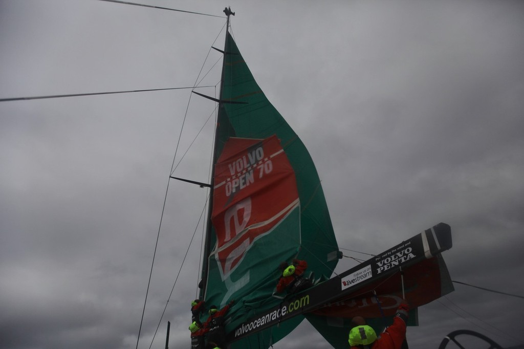 Brad Marsh is sent up the mast to try and free a stuck mainsail, onboard Groupama Sailing Team during leg 8 of the Volvo Ocean Race 2011-12, from Lisbon, Portugal to Lorient, France. (Credit: Yann Riou/Groupama Sailing Team/Volvo Ocean Race) photo copyright Yann Riou/Groupama Sailing Team /Volvo Ocean Race http://www.cammas-groupama.com/ taken at  and featuring the  class