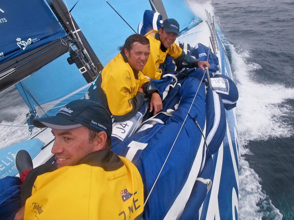 Bowman Zane Gills, Antonio Cuervas-Mons and helmsman Pablo Arrarte on the stacks onboard Team Telefonica during leg 5 of the Volvo Ocean Race 2011-12, from Auckland, New Zealand to Itajai, Brazil (Credit: Diego Fructuoso/Volvo Ocean Race) photo copyright Diego Fructuoso /Team Telefónica/Volvo Ocean Race http://www.volvooceanrace.com taken at  and featuring the  class