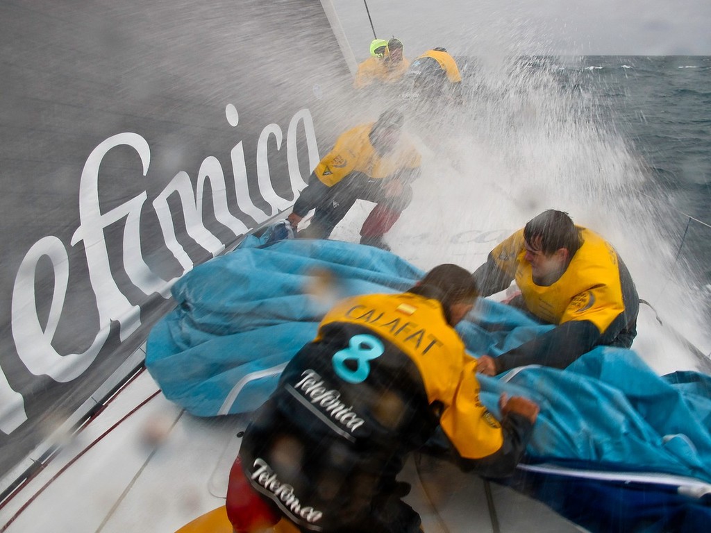 Sail change onboard Team Telefonica during leg 5 of the Volvo Ocean Race 2011-12, from Auckland, New Zealand to Itajai, Brazil  © Diego Fructuoso /Team Telefónica/Volvo Ocean Race http://www.volvooceanrace.com