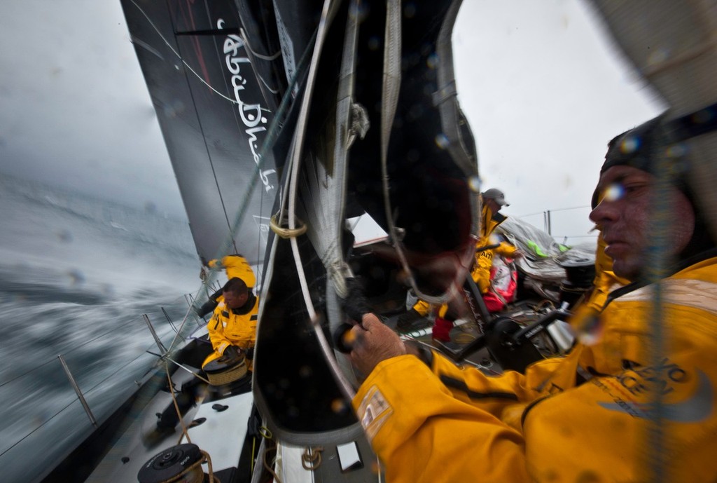 The crew during sail change onboard Abu Dhabi Ocean Racing during leg 5 of the Volvo Ocean Race 2011-12, from Sanya, China to Auckland, New Zealand.  © Nick Dana/Abu Dhabi Ocean Racing /Volvo Ocean Race http://www.volvooceanrace.org