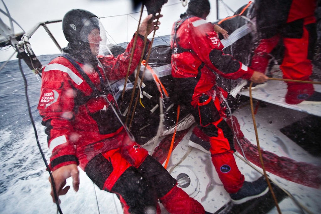 Rome Kirby hangs on from the back of the boat while keeping his weight aft. Puma during leg 5 of the Volvo Ocean Race 2011-12, from Auckland,  © Amory Ross/Puma Ocean Racing/Volvo Ocean Race http://www.puma.com/sailing