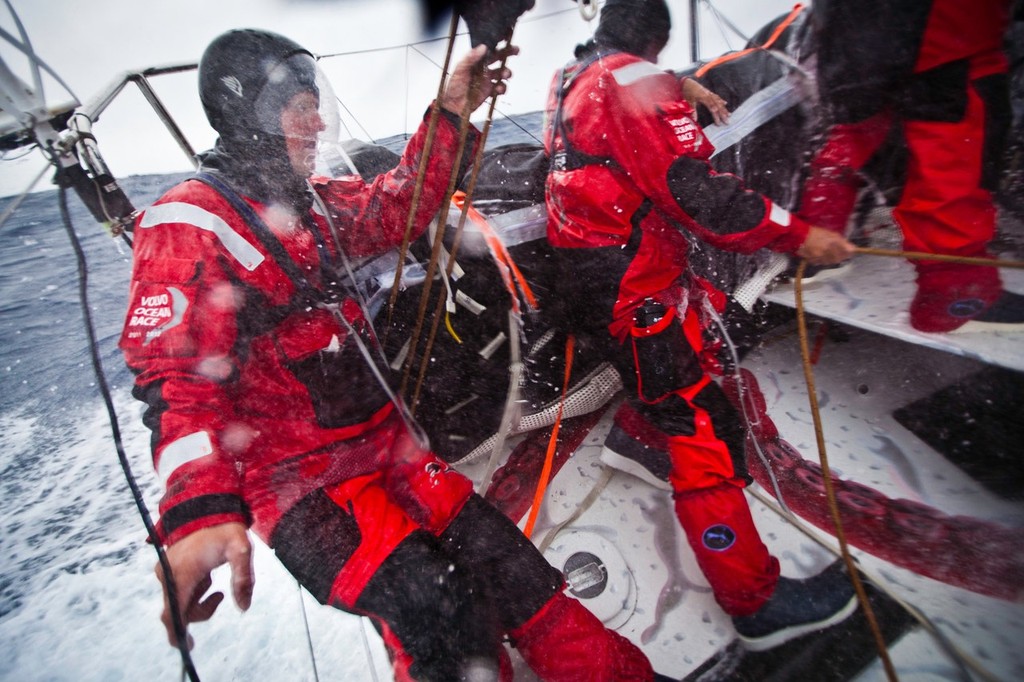 Rome Kirby hangs on from the back of the boat while keeping his weight aft. PUMA Ocean Racing powered by BERG during leg 5 of the Volvo Ocean Race 2011-12, from Auckland, New Zealand to Itajai, Brazil. (Credit: Amory Ross/PUMA Ocean Racing/Volvo Ocean Race) - Volvo Ocean Race, Leg 5, 20 March 2012 photo copyright Amory Ross/Puma Ocean Racing/Volvo Ocean Race http://www.puma.com/sailing taken at  and featuring the  class