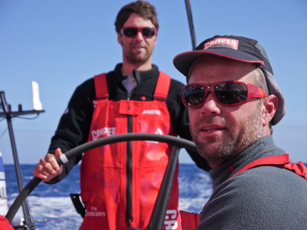 Skipper Chris Nicholson and Daryl Wislang onboard CAMPER with Emirates Team New Zealand, heading towards Chile, during leg 5 of the Volvo Ocean Race 2011-12, from Auckland, New Zealand to Itajai, Brazil. (Credit: Hamish Hooper/CAMPER ETNZ/Volvo Ocean Race) photo copyright Hamish Hooper/Camper ETNZ/Volvo Ocean Race taken at  and featuring the  class