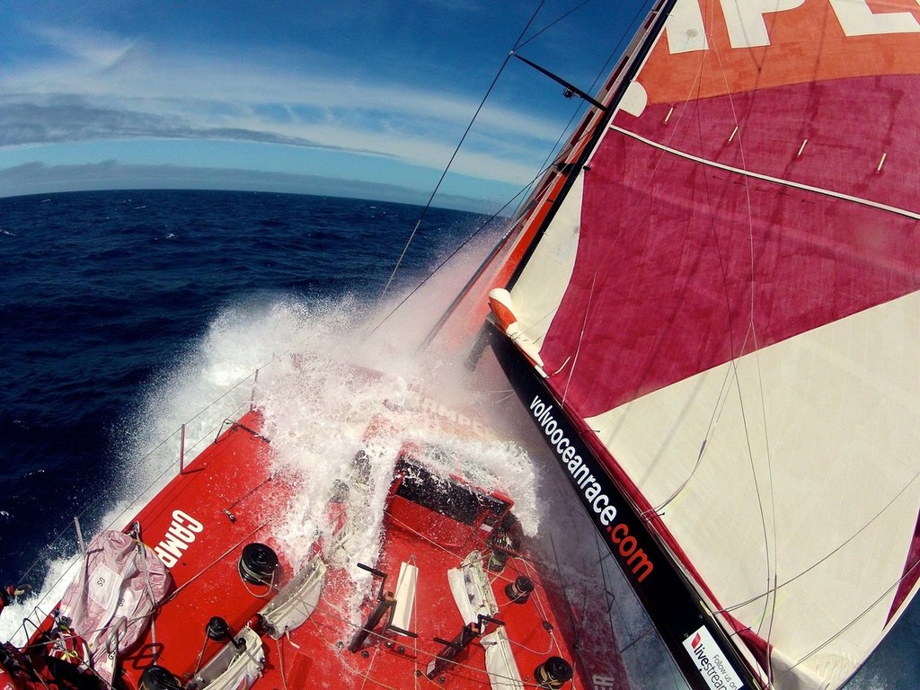 Water over the deck onboard Camper with Emirates Team New Zealand during leg 8 of the Volvo Ocean Race 2011-12, from Lisbon, Portugal to Lorient, France.  © Hamish Hooper/Camper ETNZ/Volvo Ocean Race