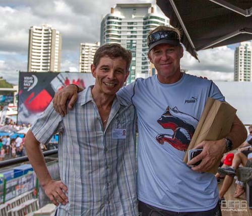 ZIM MONACO captain Valery Bezlepkin and Ken Read, skipper of PUMA’s Mar Mostro, in Itajai, Brazil, prior to Leg 6 departure. 22 April 2012. ©  Christian Lindquist / BERG Propulsion