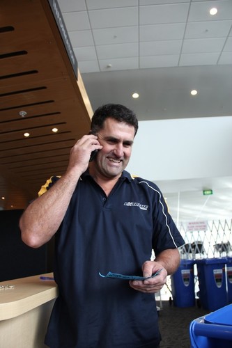 Glenn Shaw ringing the winner - Hutchwilco New Zealand Boat Show 2012 © Mike Rose