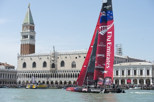 Emirates Team New Zealand finish the first race on day three in Venice. America’s Cup World Series Regatta Venice.  © Chris Cameron/ETNZ http://www.chriscameron.co.nz