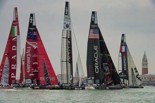 The fleet in the laguna in the final fleet race. America’s Cup World Series Regatta Venice.  © Chris Cameron/ETNZ http://www.chriscameron.co.nz