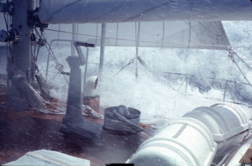 Decks awash on Dyna in the 1972 storm, the Bermuda race’s worst. ©  John Rousmaniere