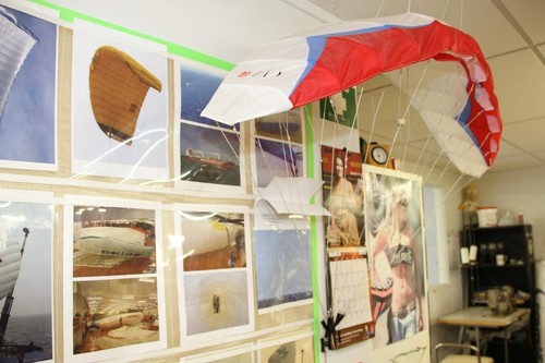 A model kite for ships and soon to be an emergency device for dismasted yachts on the wall at North Sails © Richard Gladwell www.photosport.co.nz