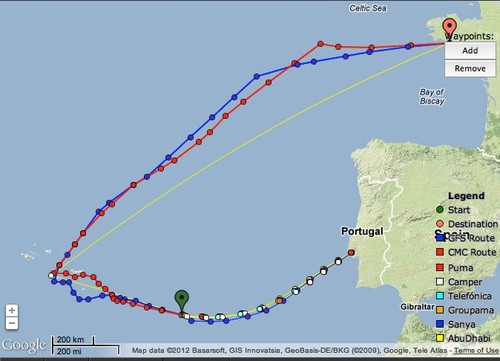 A couple of course options are available nearing the Azores in a patch of light winds at 1900hrs UTC on June 11, 2012. Leg 8 of the Volvo Ocean Race &copy; PredictWind.com www.predictwind.com