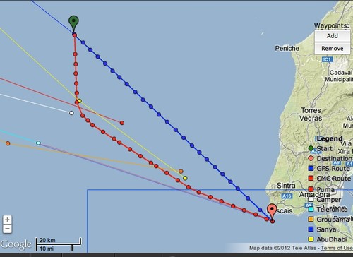 Positions at 2000UTC as the Volvo Ocean racers neared Lisbon about two hours from the finish. The track marked is for Team Sanya © PredictWind.com www.predictwind.com