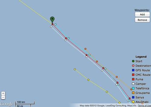 Zoom view of three lead boats Leg 6 at 1800hrs on 02 May 2012 GMT  © PredictWind.com www.predictwind.com