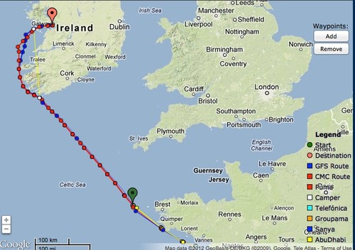 PredictWind positions at 0030GMT on July 2, 2012 - Volvo Ocean Race, Leg 9 Lorient to Galway. © PredictWind.com www.predictwind.com