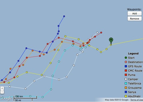 A big variance in courses and boat positioning in an attempt to be first into the stronger breezes and on the railway to Lisbon - Volvo Ocean Race May 26 2100hrs UTC © PredictWind.com www.predictwind.com