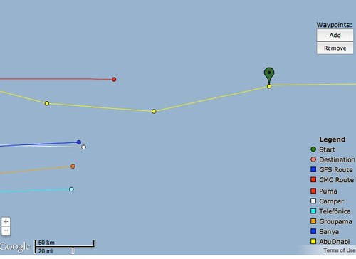 Abu Dhabi has a good lead, with the rest of the fleet in a line abreast in the Atlantic Ocean with 1500nm left to sail to Lisbon and the finish of leg 7 of the Volvo Ocean Race © PredictWind.com www.predictwind.com