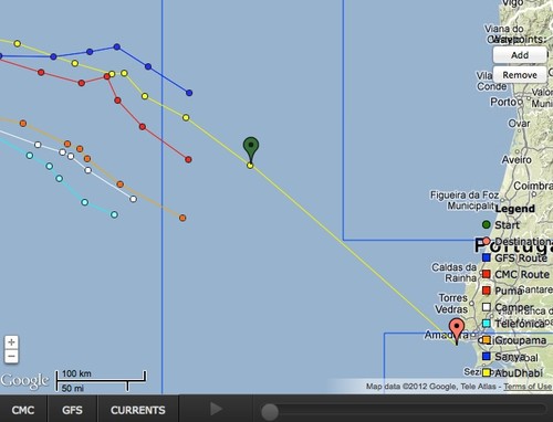 Positions at 1200UTC on May 31,2012 as the Volvo Ocean racers near Lisbon. The blue lines border areas covered by the 1-8km resolution of the Predictwind weather feeds © PredictWind.com www.predictwind.com