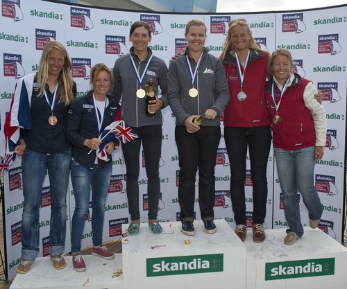 Jo Aleh, Olivia Polly Powrie (NZL), Amanda Clark, Sarah Lihan (USA), Hannah Mills, Saskia Clark (GBR), receives awards on Day 6 of the Skandia Sail for Gold Regatta, in Weymouth © onEdition http://www.onEdition.com