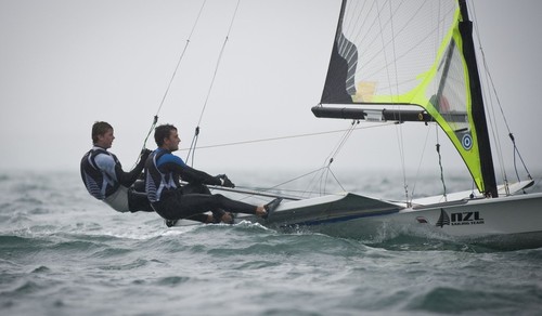Marcus Hansen and Josh Porebski (NZL) racing in the 49er class on the day 4 of the Skandia Sail for Gold Regatta, in Weymouth © onEdition http://www.onEdition.com