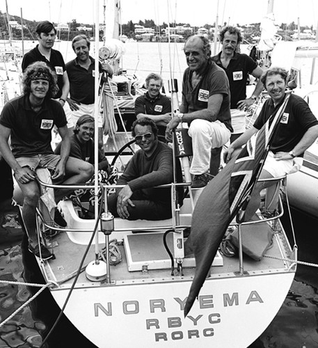 Noreyma’s crew (with skipper Teddy Hicks in the foreground) after winning the rough 1972 race with the aid of a diver’s mask for the helmsman.  © Courtesy of Bermuda News Bureau