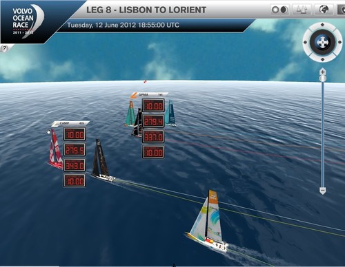 The VOR fleet sailing at 10kts in 19kts of breeze with the Sao Miguel mark at the Azores, in the background &copy; Virtual Eye/Volvo Ocean Race http://www.virtualeye.tv/