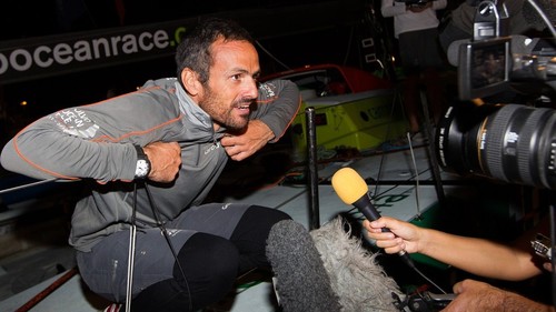 Groupama Sailing Team skipper Franck Cammas from France, is interviewed after finishing second, on leg 7, from Miami, USA to Lisbon, Portugal, during the Volvo Ocean Race 2011-12.  &copy; Ian Roman/Volvo Ocean Race http://www.volvooceanrace.com