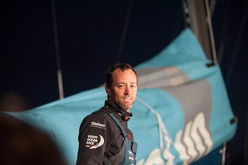 Team Telefonica, skippered by Iker Martinez from Spain pull into the dock at the finish of leg 8, from Lisbon, Portugal, to Lorient, France, during the Volvo Ocean Race  © Paul Todd/Volvo Ocean Race http://www.volvooceanrace.com