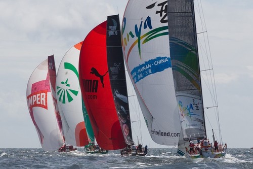 Camper with Emirates Team New Zealand lead the fleet in the Bretagne In-Port Race, in Lorient, France, during the Volvo Ocean Race 2011-12.  © Ian Roman/Volvo Ocean Race http://www.volvooceanrace.com