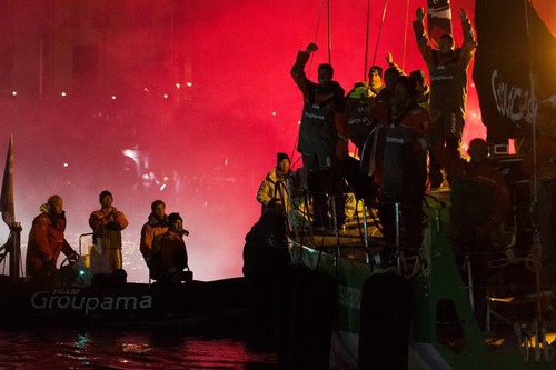 Groupama Sailing Team, skippered by Franck Cammas from France, celebrate winning the Volvo Ocean Race 2011-12, after finishing leg 9 from Lorient, France to Galway, Ireland.  © Ian Roman/Volvo Ocean Race http://www.volvooceanrace.com