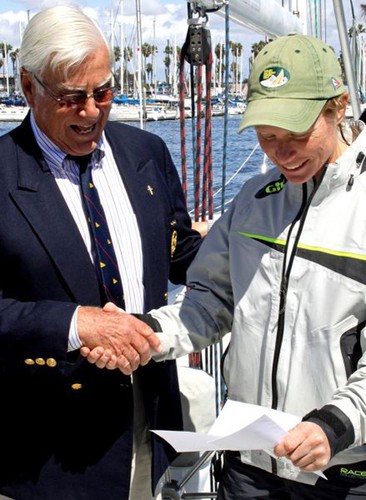 California Dreamin’ Series winner Nicole Breault of St. Francis YC accepts Ficker Cup invitation from LBYC vice commodore Dick Miller . © Rich Roberts http://www.UnderTheSunPhotos.com