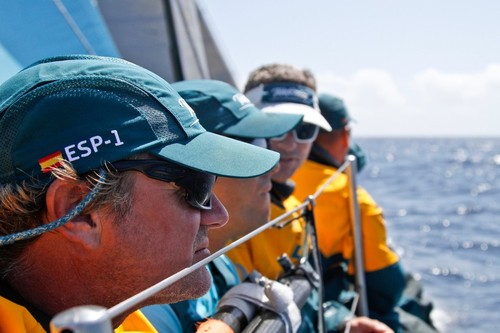 Neal McDonald and crew looking out on the rail, onboard Team Telefonica during leg 8 of the Volvo Ocean Race 2011-12, from Lisbon, Portugal to Lorient, France.  &copy; Diego Fructuoso /Team Telefónica/Volvo Ocean Race http://www.volvooceanrace.com