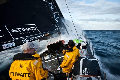 Craig Satterthwaite helming onboard Abu Dhabi Ocean Racing during leg 6 of the Volvo Ocean Race 2011-12, from Itajai, Brazil, to Miami, USA.  © Nick Dana/Abu Dhabi Ocean Racing /Volvo Ocean Race http://www.volvooceanrace.org