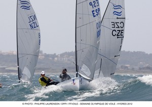 Matt Coutts (NZL-8) tucked in behind the silver medalist Rafael Truijllo (ESP) in the Mens Heavyweight Singlehander (Finn) photo copyright  Jean-Marie Liot /DPPI/FFV taken at  and featuring the  class