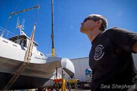 Captain Luis Manuel Pinho watches as the Brigitte Bardot is lifted by cranes photo copyright Simon Ager taken at  and featuring the  class