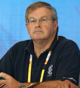 David Kellett speaking at the Opening Media Conference for the 2008 Olympics where he was the ISAF Technical Delegate, a role he also filled at the 2012 Olympics at Weymouth photo copyright Richard Gladwell www.photosport.co.nz taken at  and featuring the  class