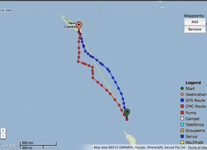 Predictwind track for V5 at 0900 on June 4, 2012, the blue GFS track will get her quickly through the 25kts winds on a fast reaching course - Evolution Sails Sail Noumea 2012. photo copyright PredictWind.com www.predictwind.com taken at  and featuring the  class