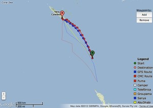 Predictwind track for TVS, showing both CMC and GFS feeds in alignment, showing the fast direct track for Noumea. She will hit 25kts average speeds for much of the remainder of the race - Evolution Sails Sail Noumea 2012. photo copyright PredictWind.com www.predictwind.com taken at  and featuring the  class