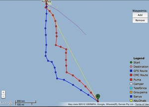 Projected course for V5 as at 2200hrs June 4, 2012 - showing she is sailing to her optimised route, according to the tracker shots for the same time. V5 is currently in 25kt winds and sailing at over 12 kts. photo copyright PredictWind.com www.predictwind.com taken at  and featuring the  class