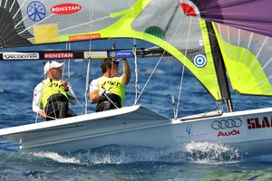 Outteridge and Jensen on the final day of the 2012 49er World Championships photo copyright Nikola Sisko taken at  and featuring the  class