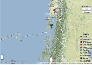 Abu Dhabi makes a change of course away from Puerto Montt, while Camper is well into the Sound photo copyright PredictWind.com www.predictwind.com taken at  and featuring the  class