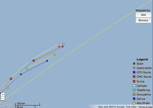 At 1900hrs UTC on June 13, 2012 the Volvo Ocean Race fleet are tightly grouped photo copyright PredictWind.com www.predictwind.com taken at  and featuring the  class