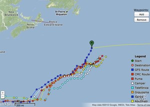 At 0900UTC  on May 27, 2012 Sanya is saliling north, with the rest of the fleet heading north east, with the Ice Zone approximately on the line on Prince Edward Island photo copyright PredictWind.com www.predictwind.com taken at  and featuring the  class