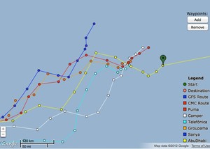A big variance in courses and boat positioning in an attempt to be first into the stronger breezes and on the railway to Lisbon - Volvo Ocean Race May 26 2100hrs UTC photo copyright PredictWind.com www.predictwind.com taken at  and featuring the  class