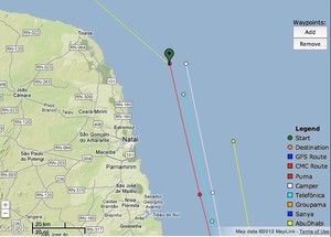 Predictwind shows Puma has a battle with Camper (White) and Telefonica (Aqua), as the exit the South America coast. Previously Puma had been clear ahead of Camper, by an hour, and Camper was previously in a direct line astern of the US entry. photo copyright PredictWind.com www.predictwind.com taken at  and featuring the  class