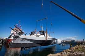 The Brigitte Bardot is lowered into the water by cranes to commence post-repair sea trials photo copyright Simon Ager taken at  and featuring the  class