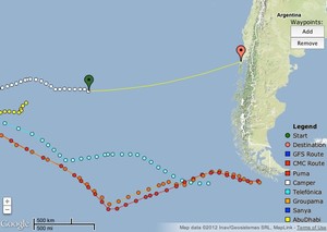 Abu Dhabi’s course and track (yellow) relative to Camper (white) - Volvo Ocean Race 2011-12 photo copyright PredictWind.com www.predictwind.com taken at  and featuring the  class